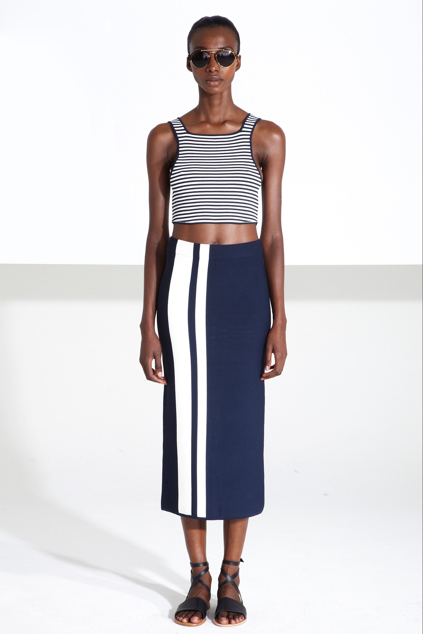 fitted cropped striped top and midi skirt