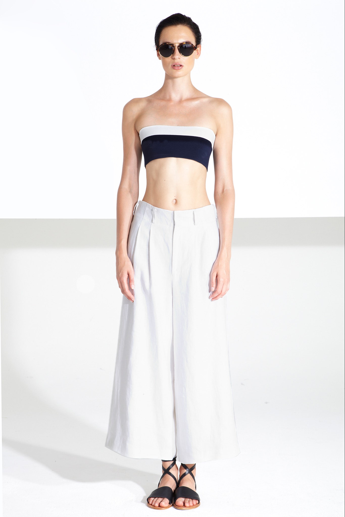 color-blocked strapless top with wide-leg pants