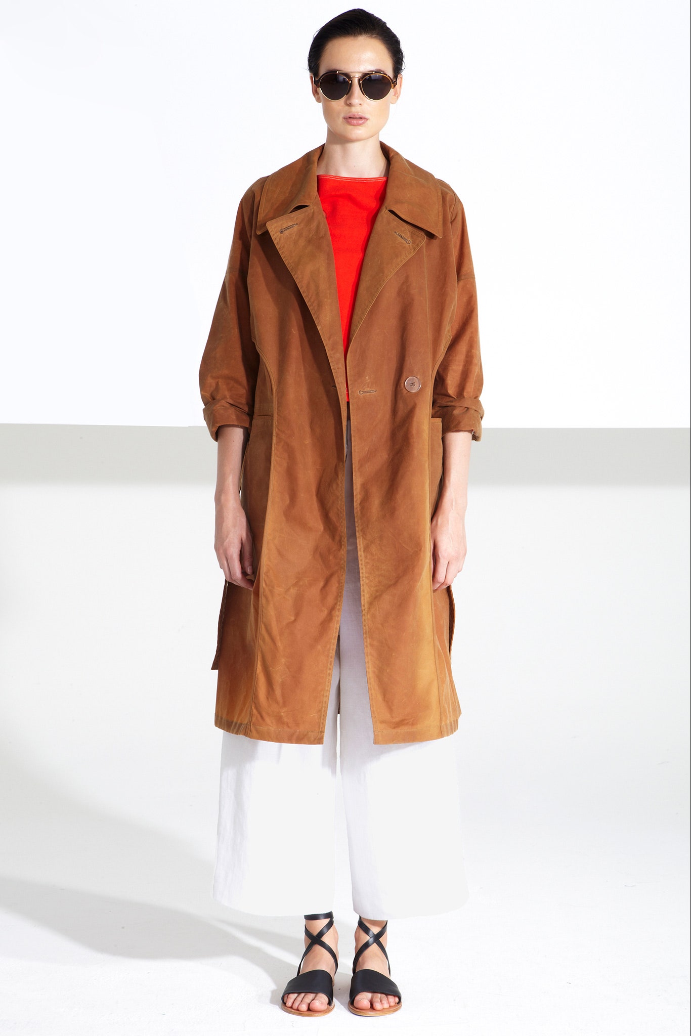 brown coat with red top