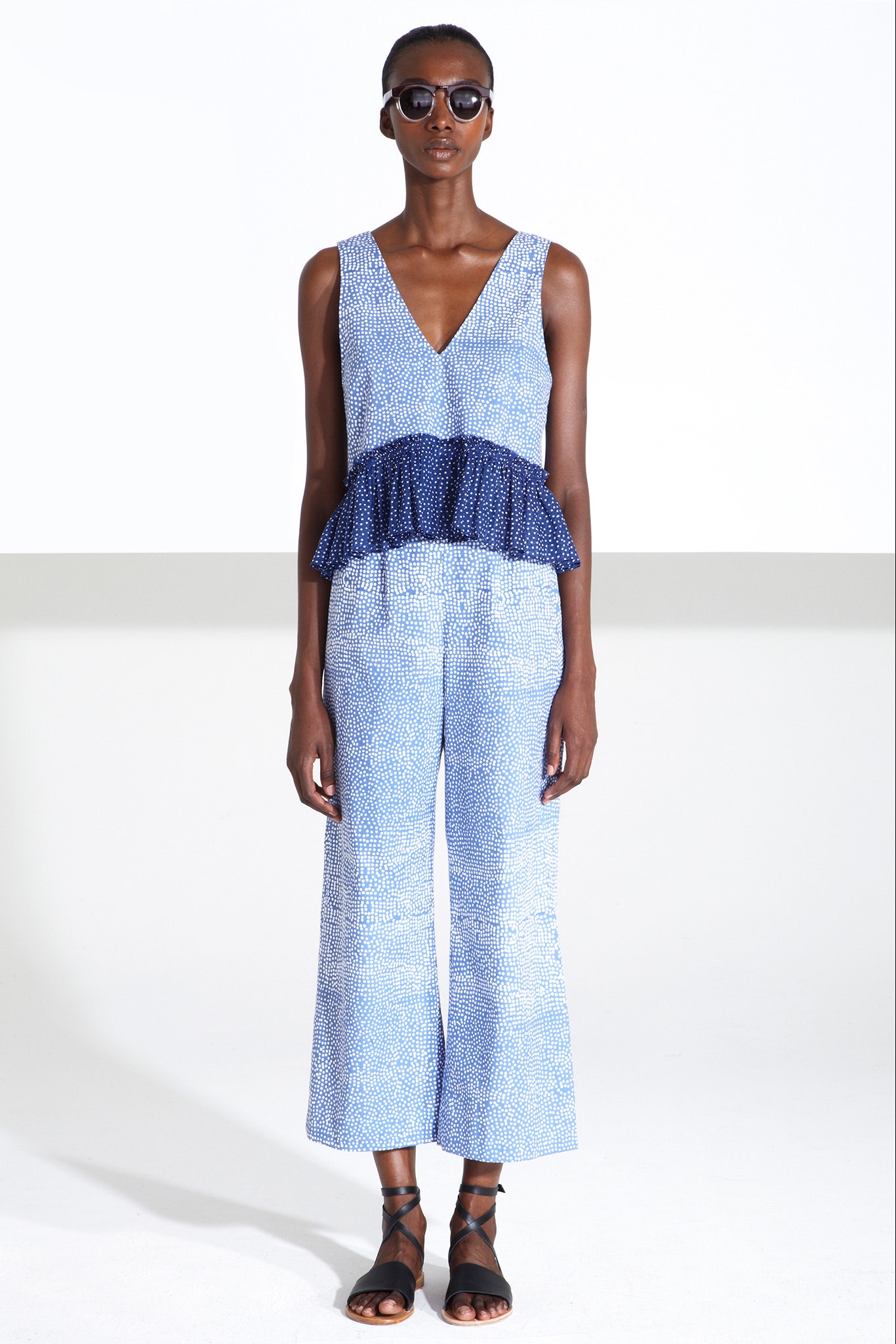 blue and white peplum jumpsuit