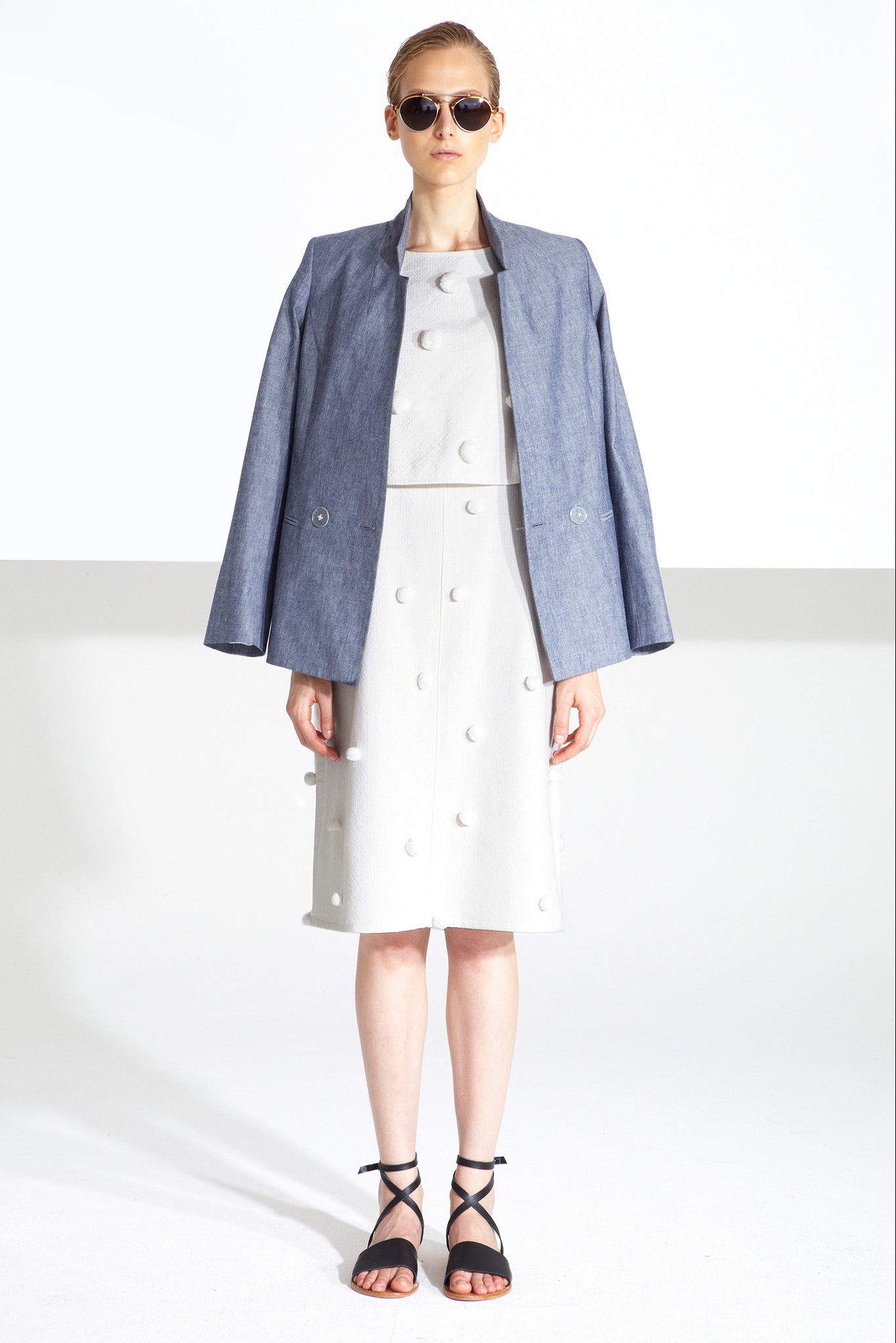 blue denim jacket white pleated dress