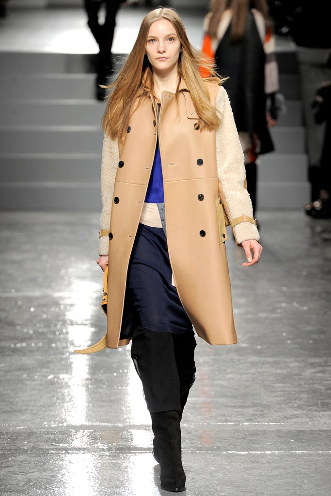 beige wool coat with blue top