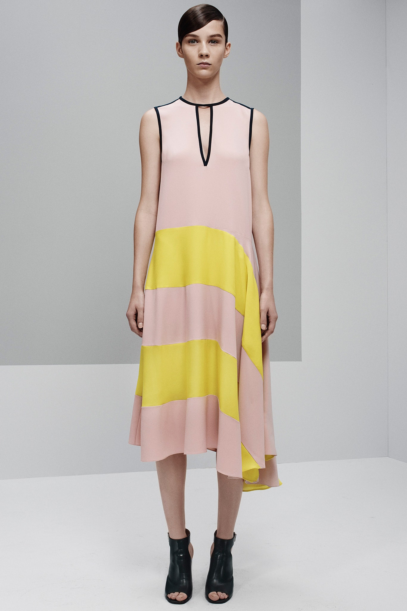 pink and yellow color-blocked dress
