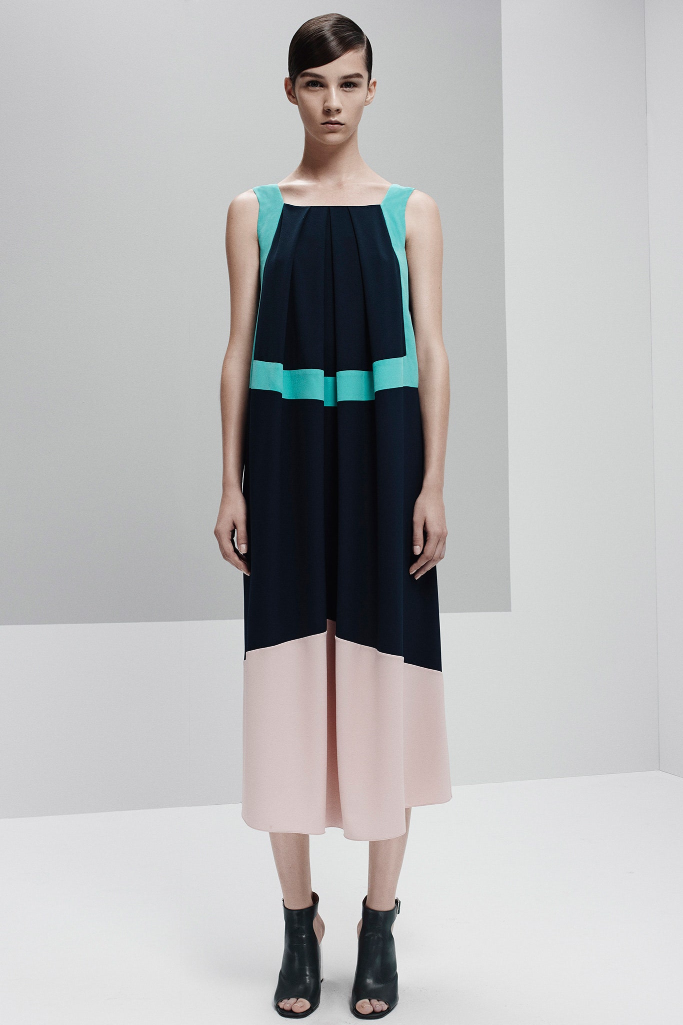 navy and pink color-blocked midi dress