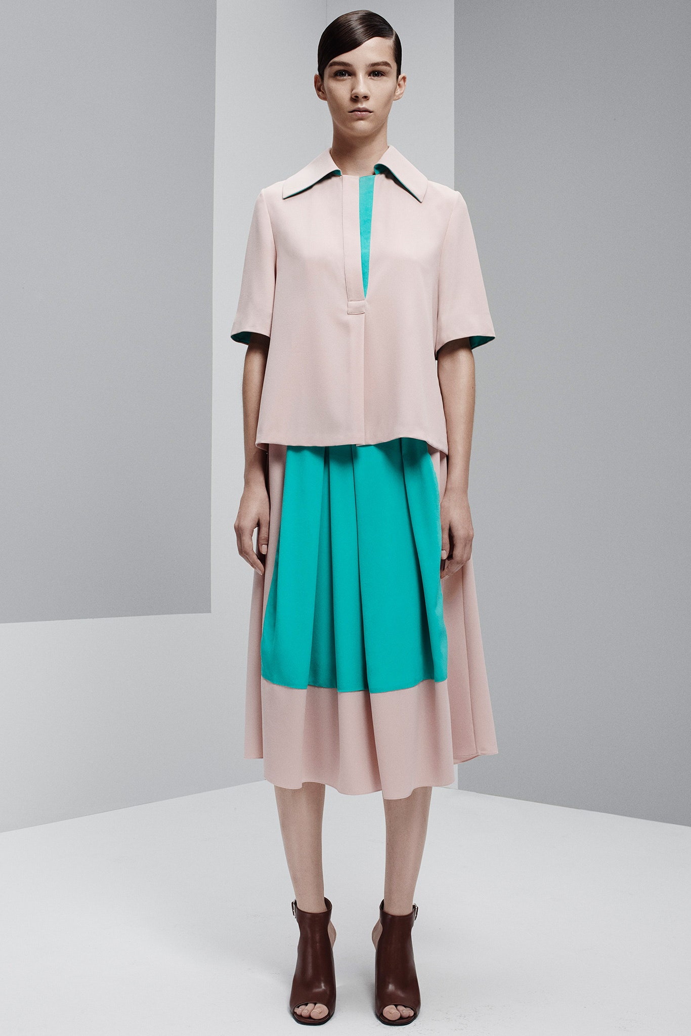 pink and green midi dress with shoes