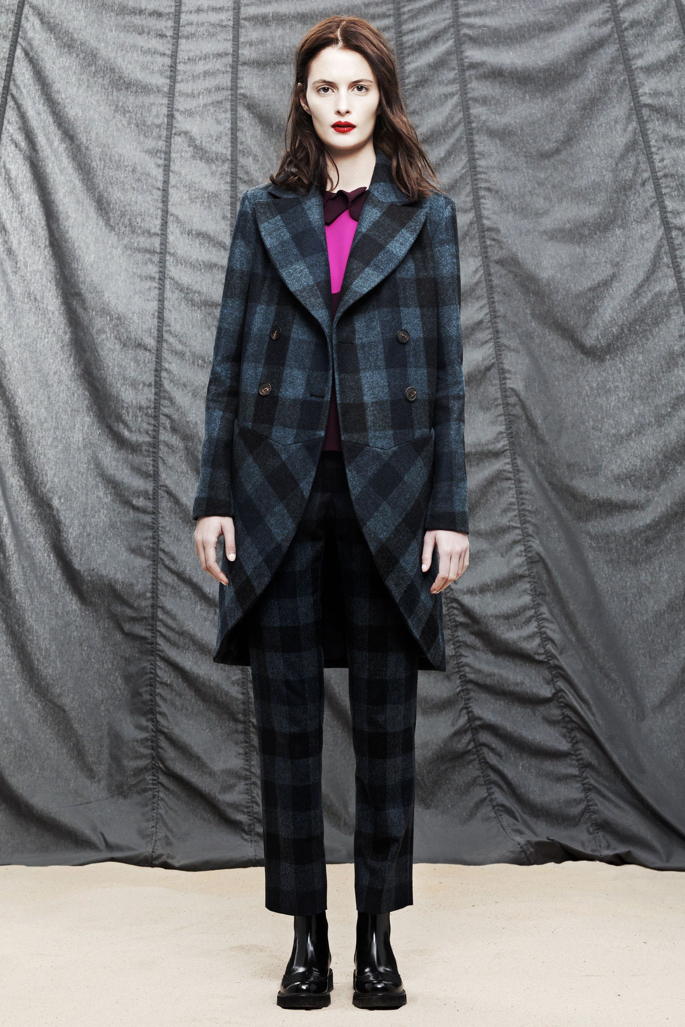 blue plaid wool coat with tailored blazer