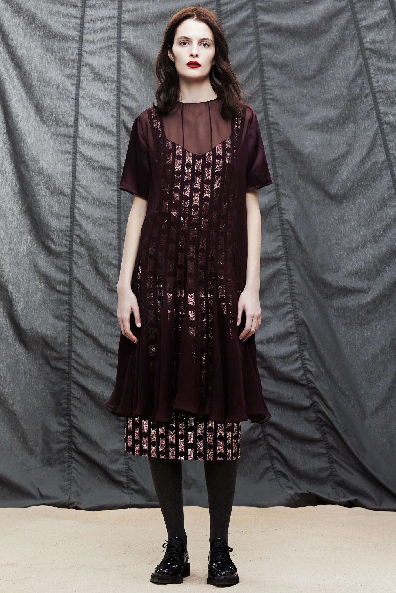 purple pleated midi dress with black skirt