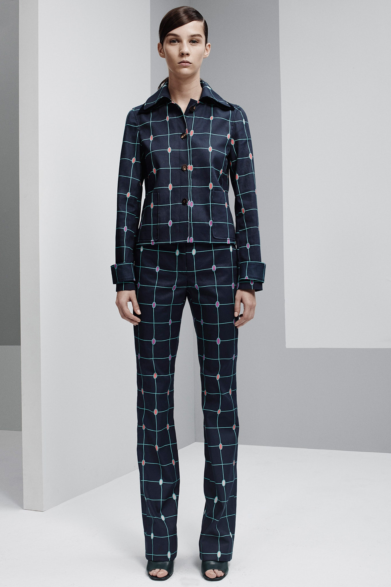 black and blue checked jacket and pants