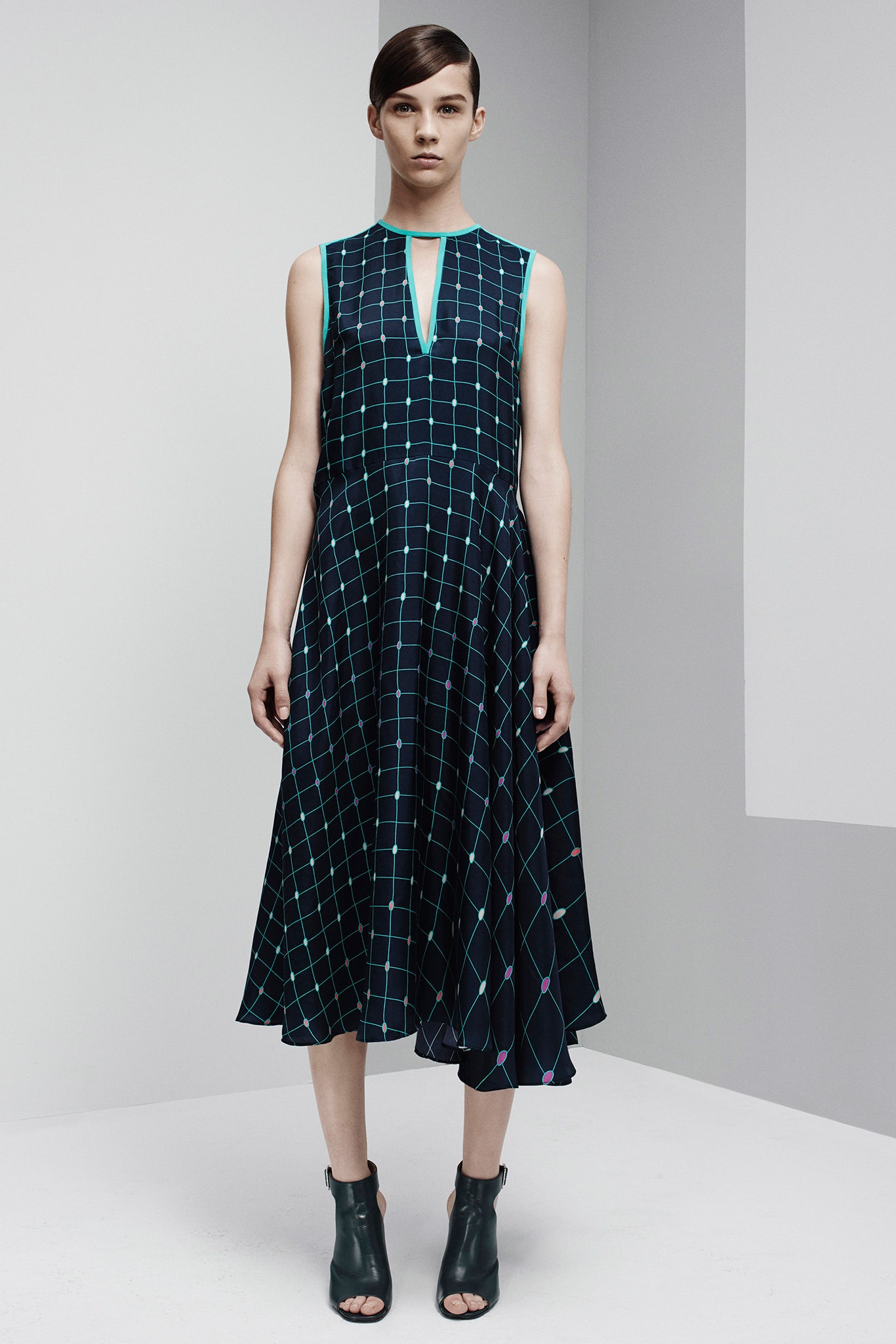 black and blue printed midi dress