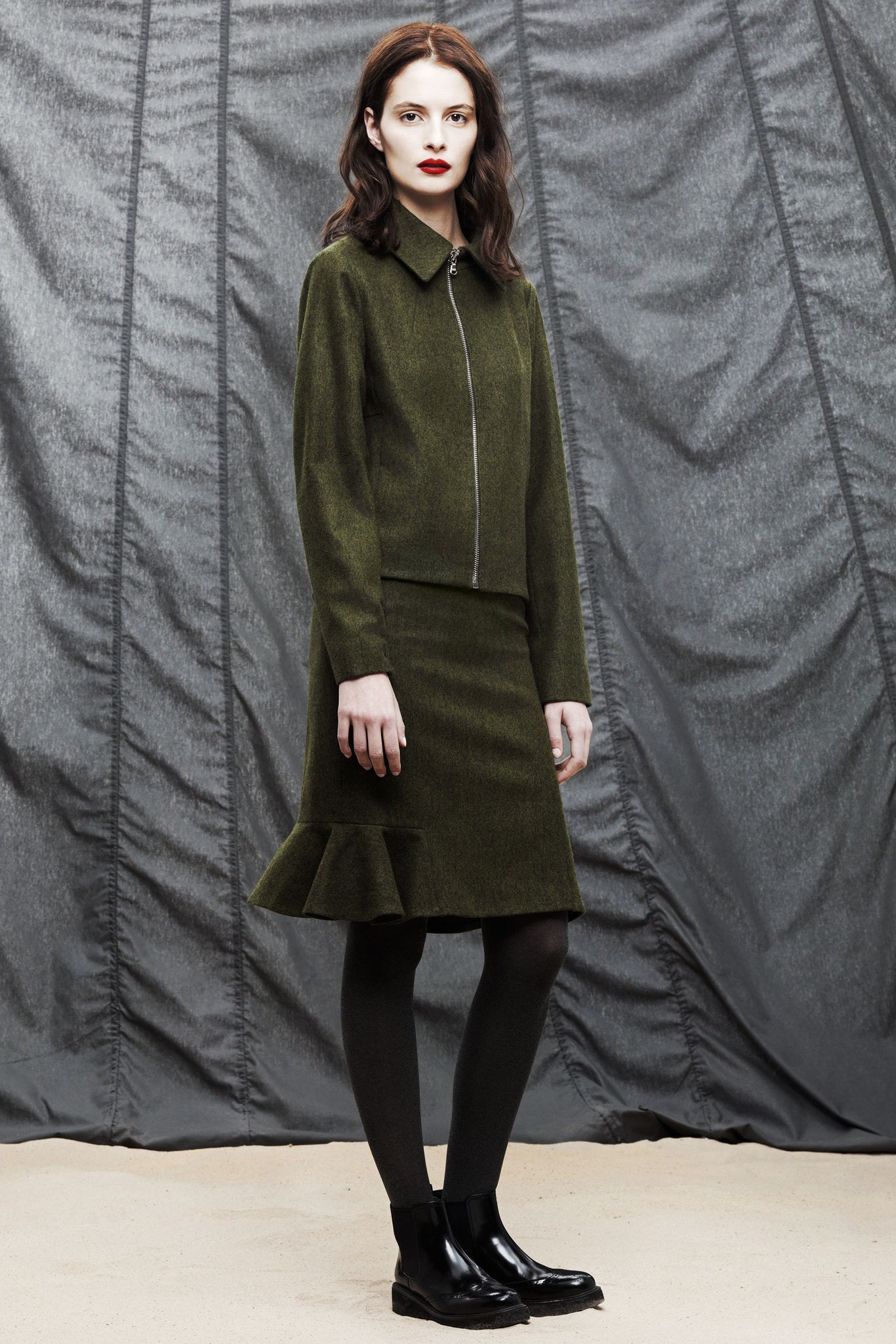 fitted green wool jacket and skirt