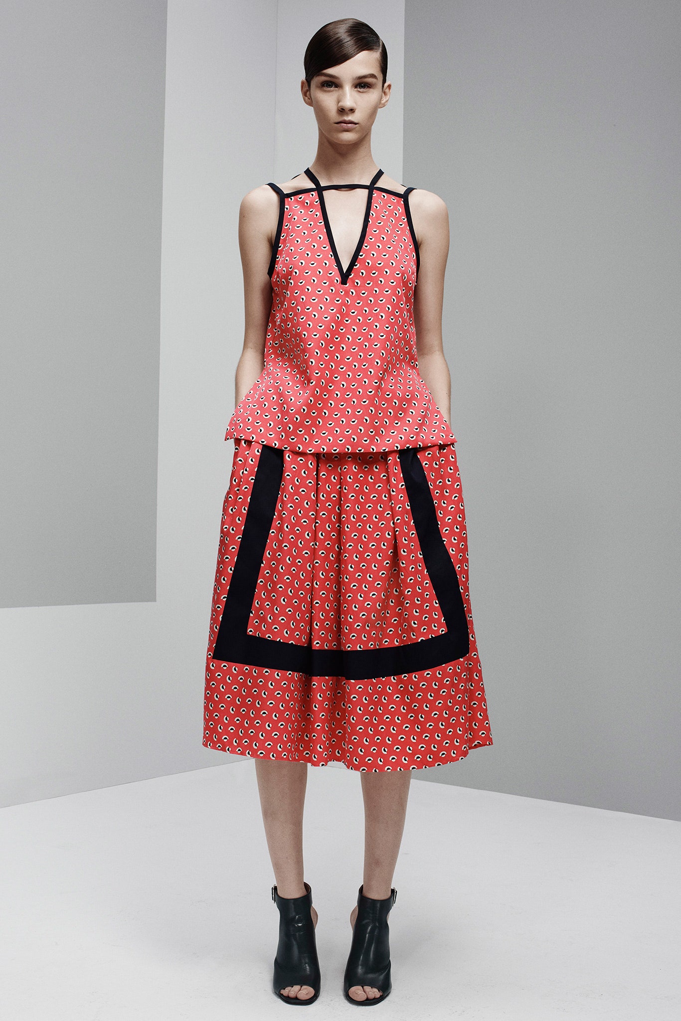 red pleated top and midi skirt