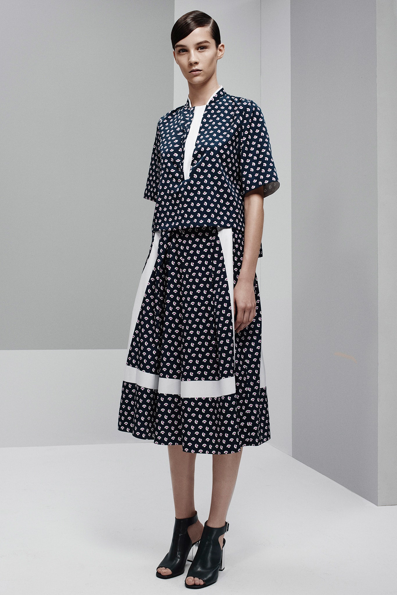 blue and white printed top with midi skirt