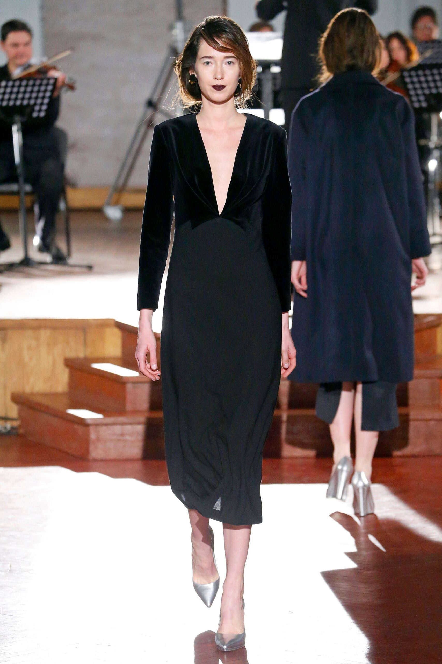 black velvet long-sleeve v-neck fitted straight-leg midi dress