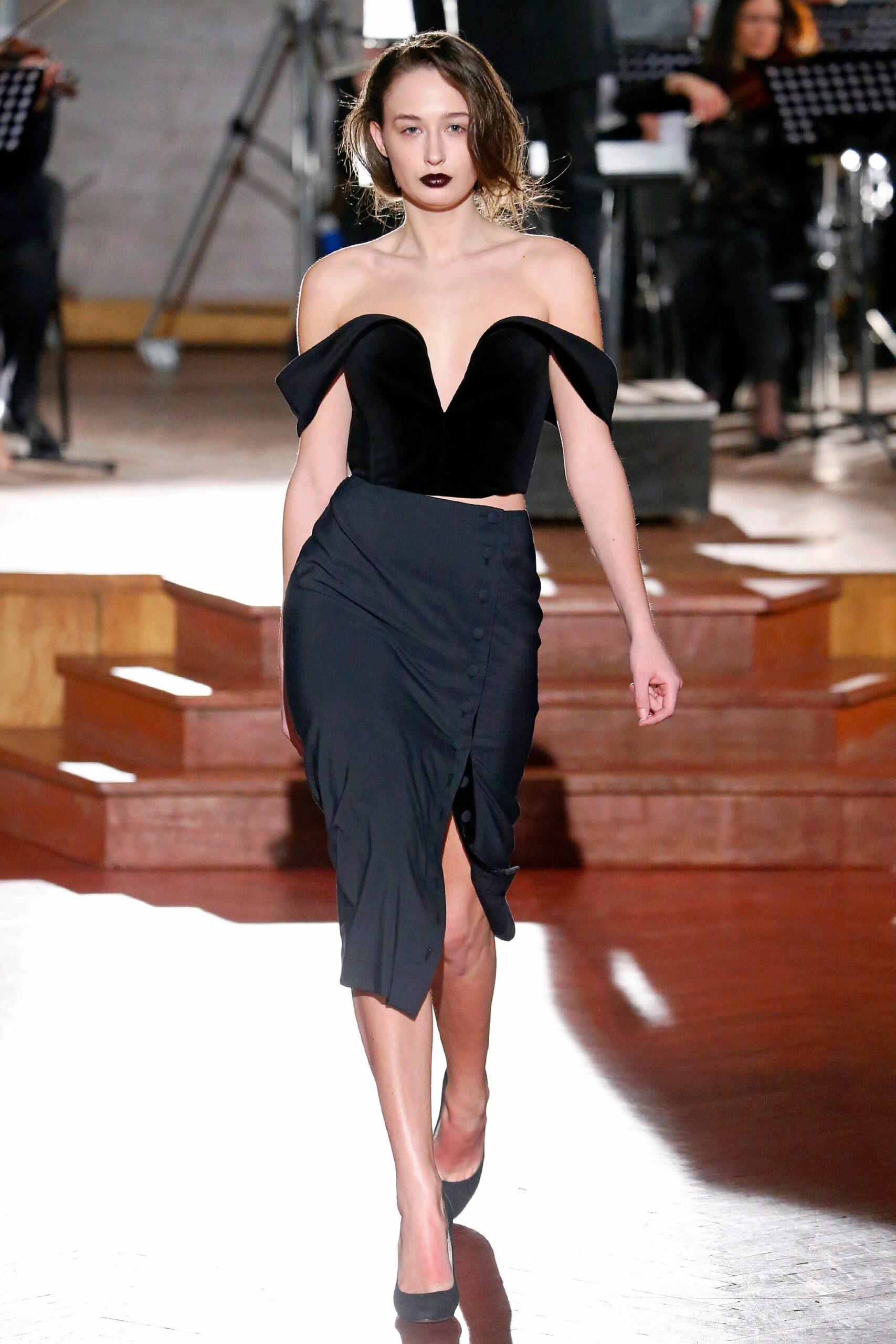 black silk off-shoulder midi dress