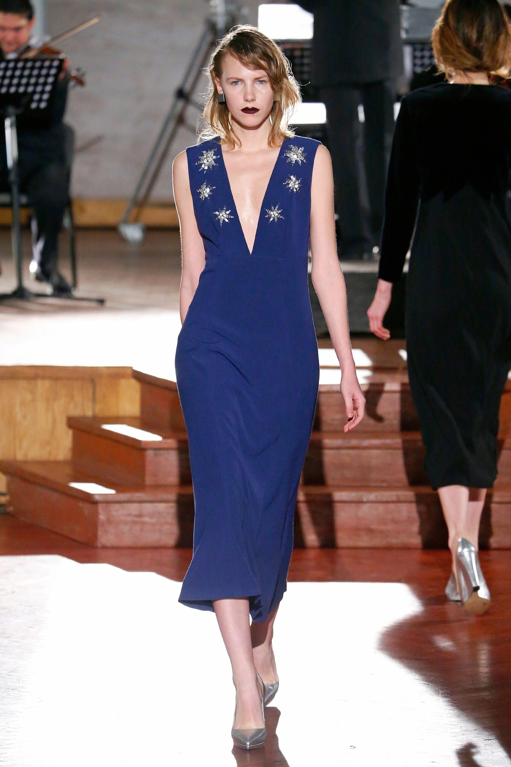 blue silk sleeveless dress