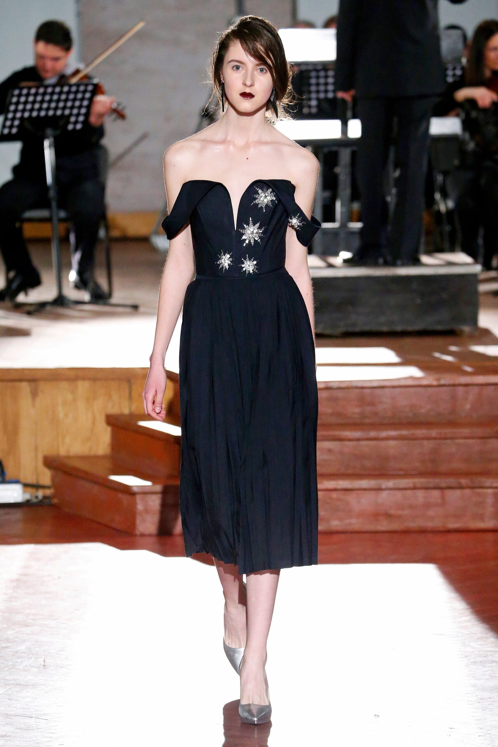 black silk off-shoulder pleated dress