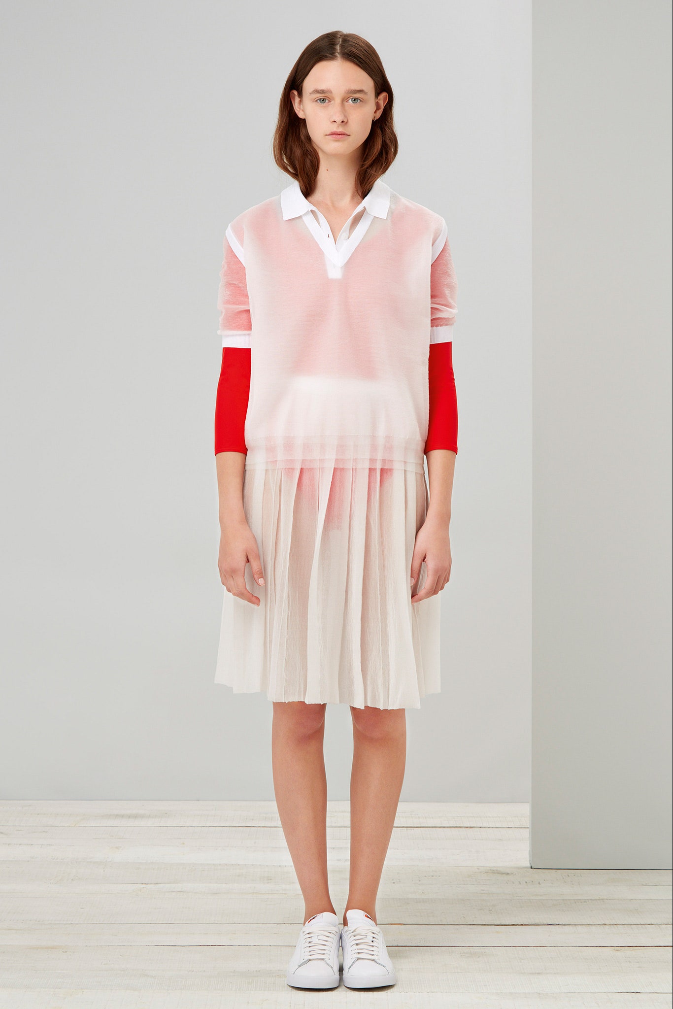 white cotton short-sleeve collared relaxed layered sheer top