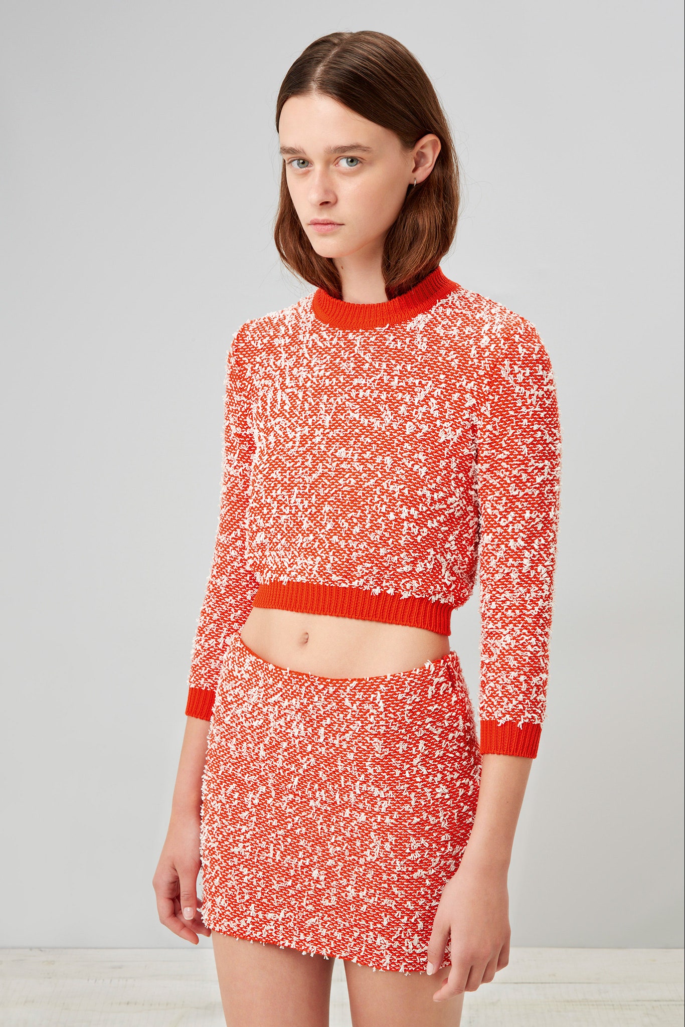 red cotton long-sleeve high-neck fitted cropped top