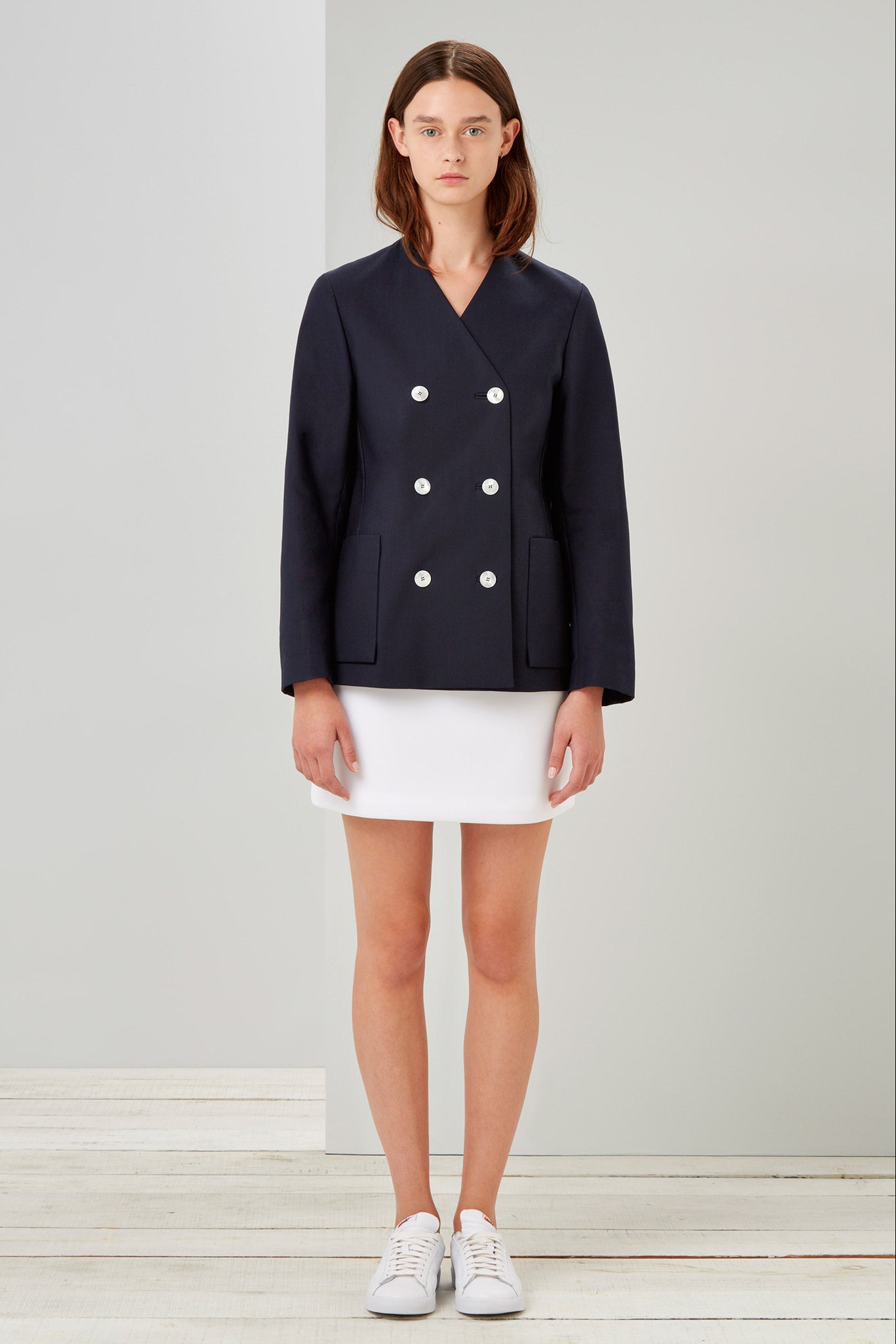 navy blazer white mini skirt