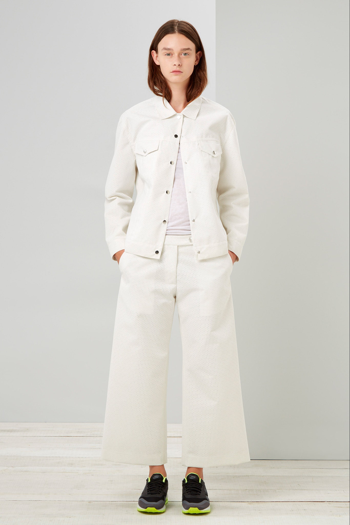 white relaxed jacket with wide-leg pants