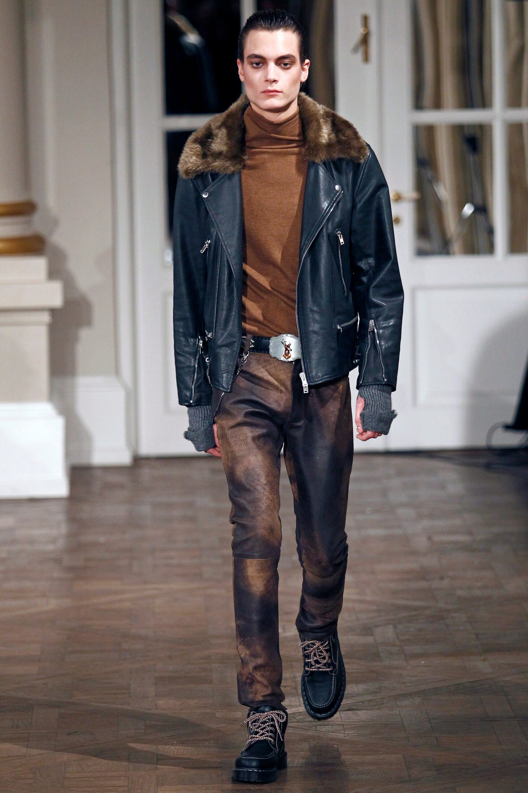 brown denim slim distressed pants