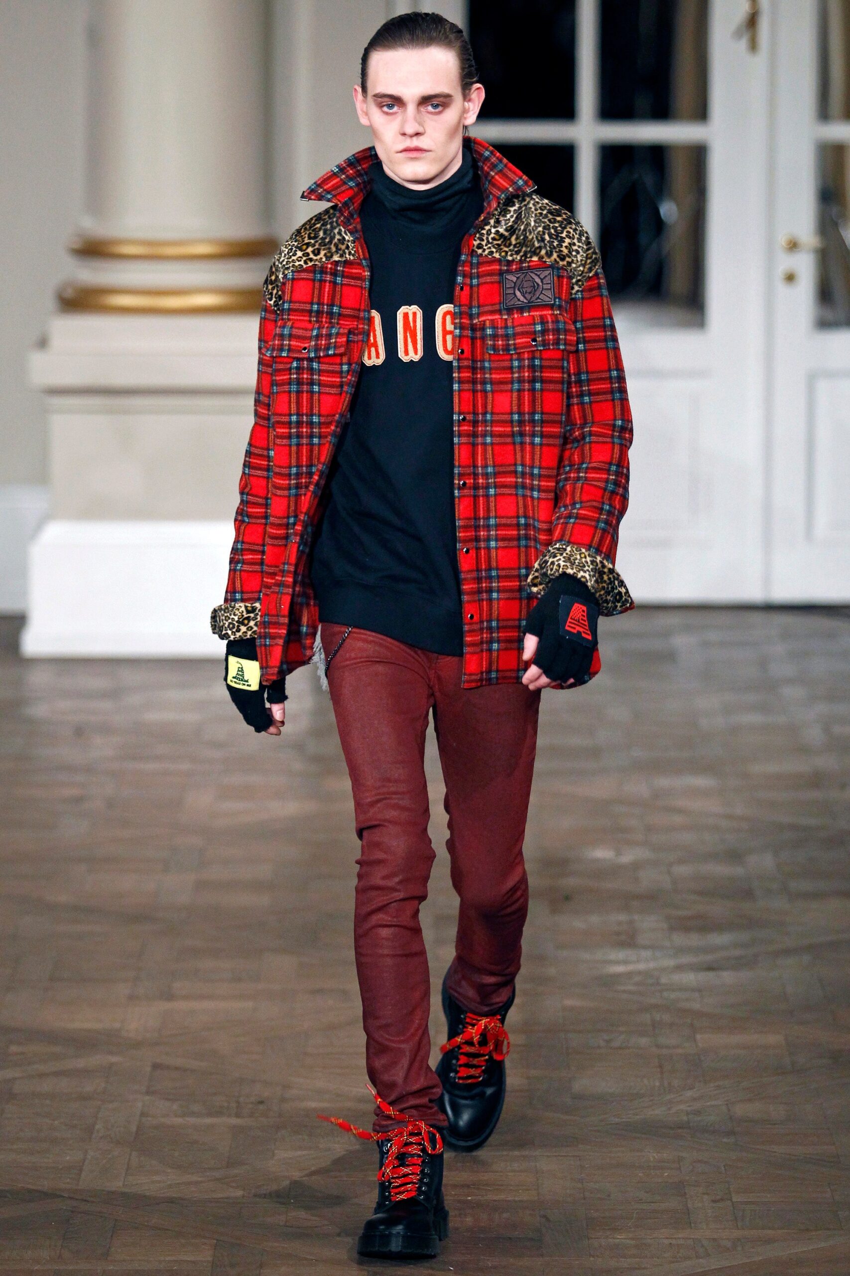 red plaid jacket with black t-shirt