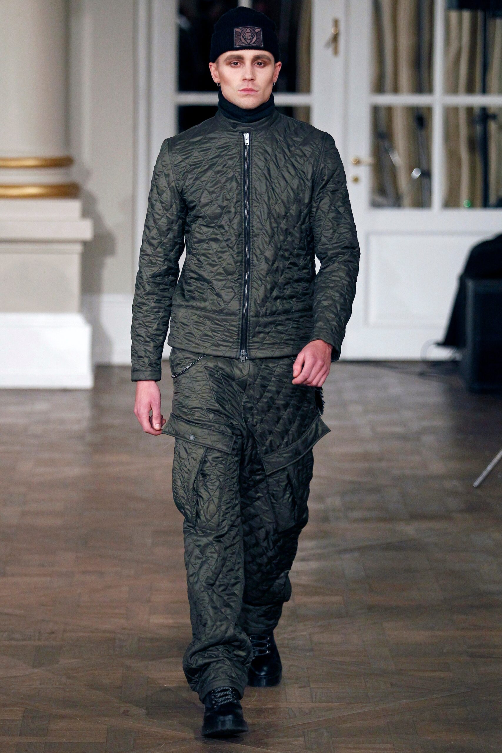 green quilted jacket and pants