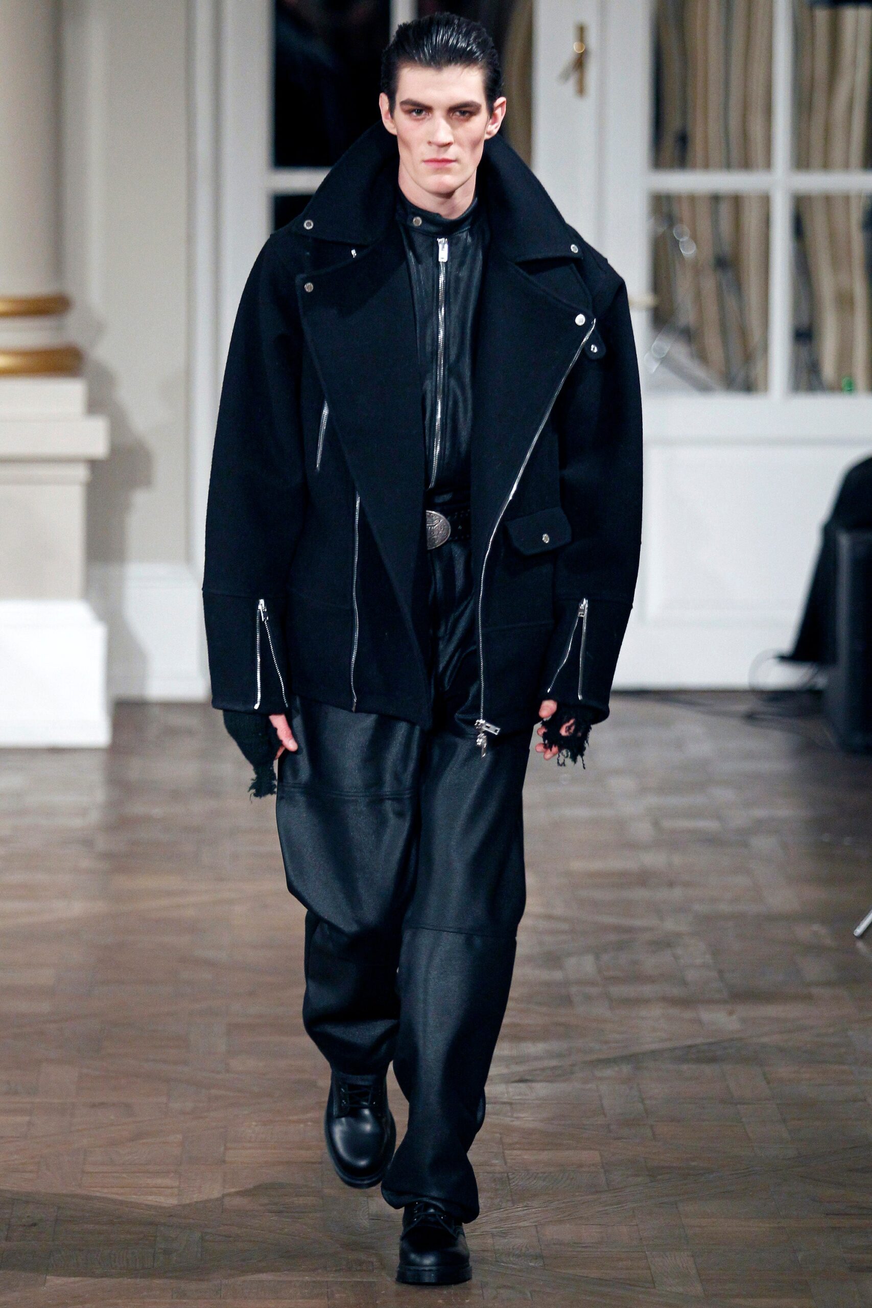 black oversized jacket and relaxed pants