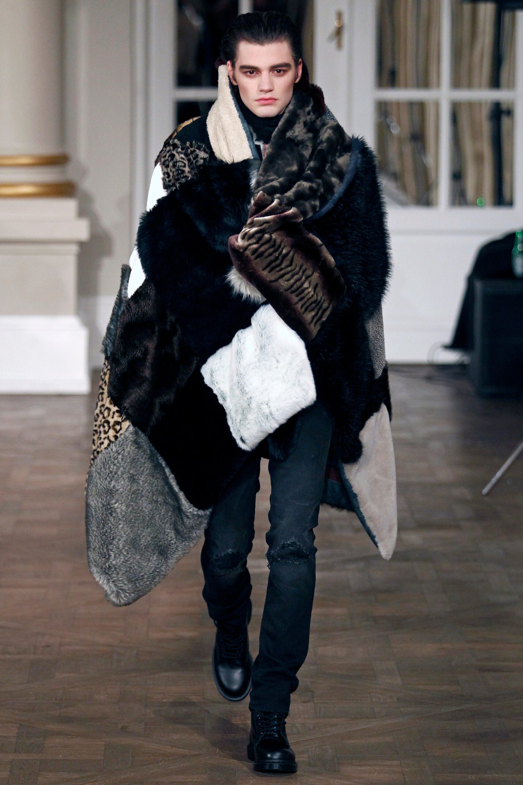 black fur oversized animal-print layered poncho