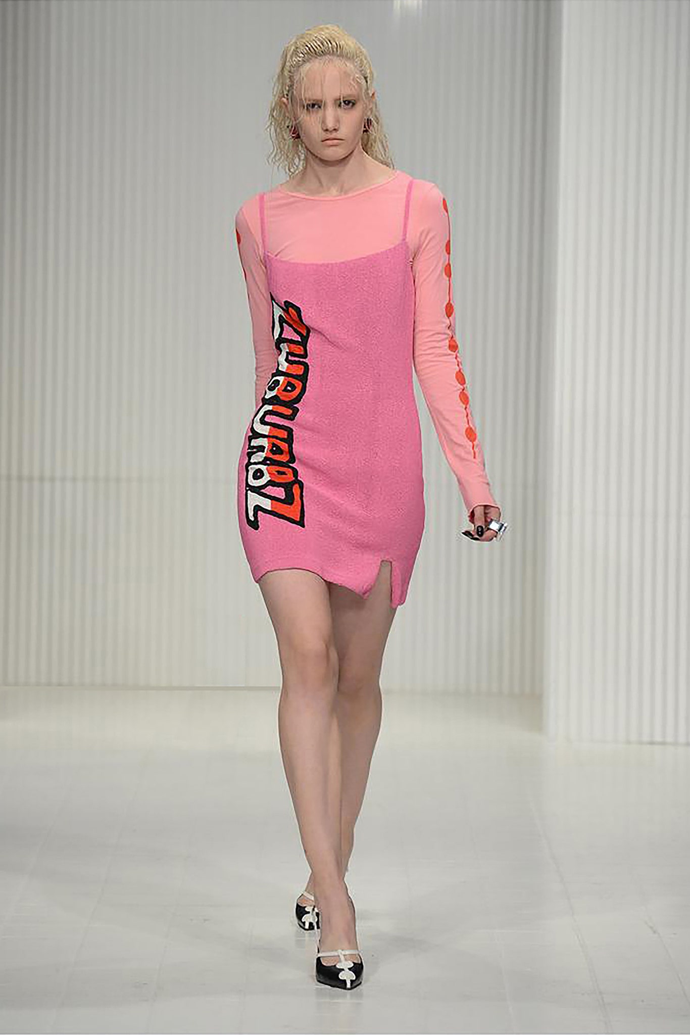 pink cotton long-sleeve v-neck fitted mini dress
