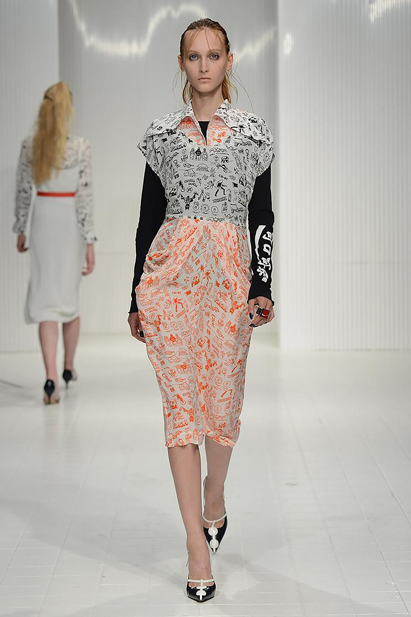 white and orange printed midi dress
