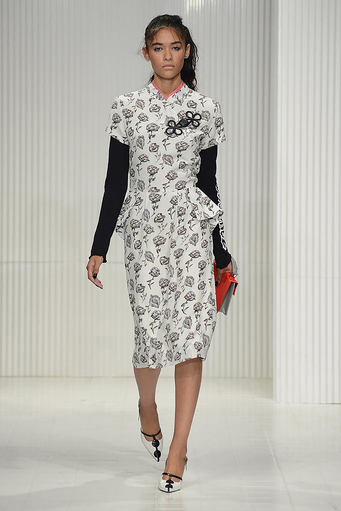 white printed midi dress with black top