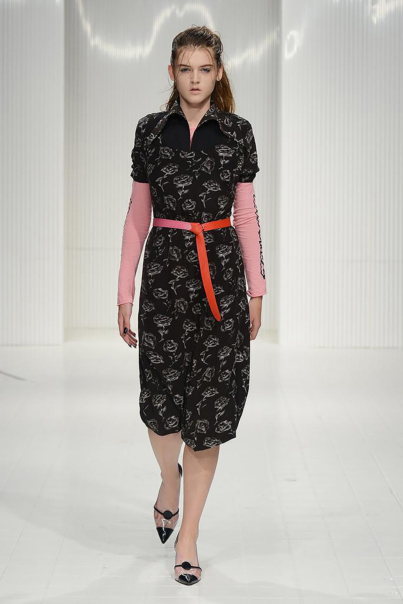 black printed midi dress with pink top