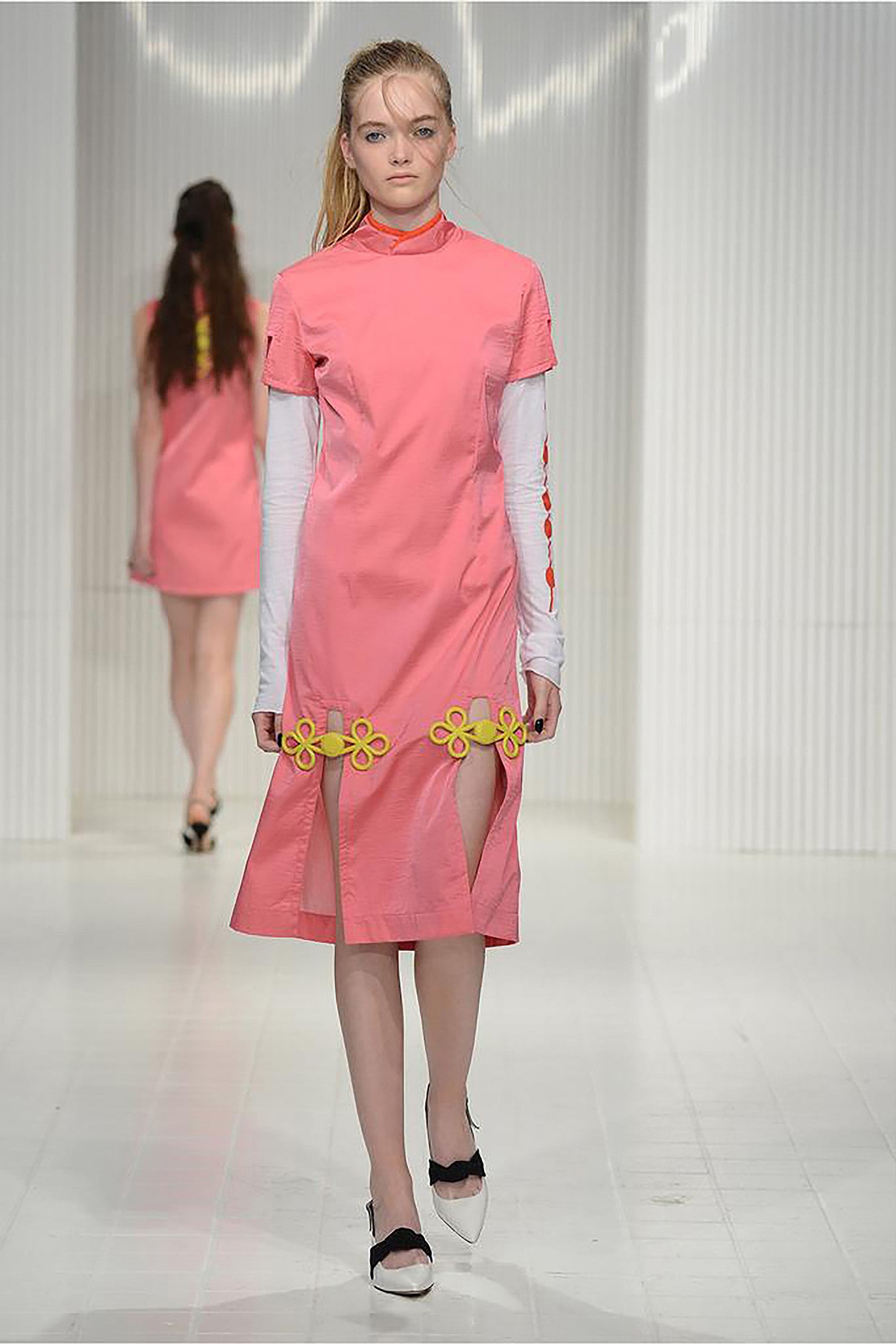 pink fitted midi dress