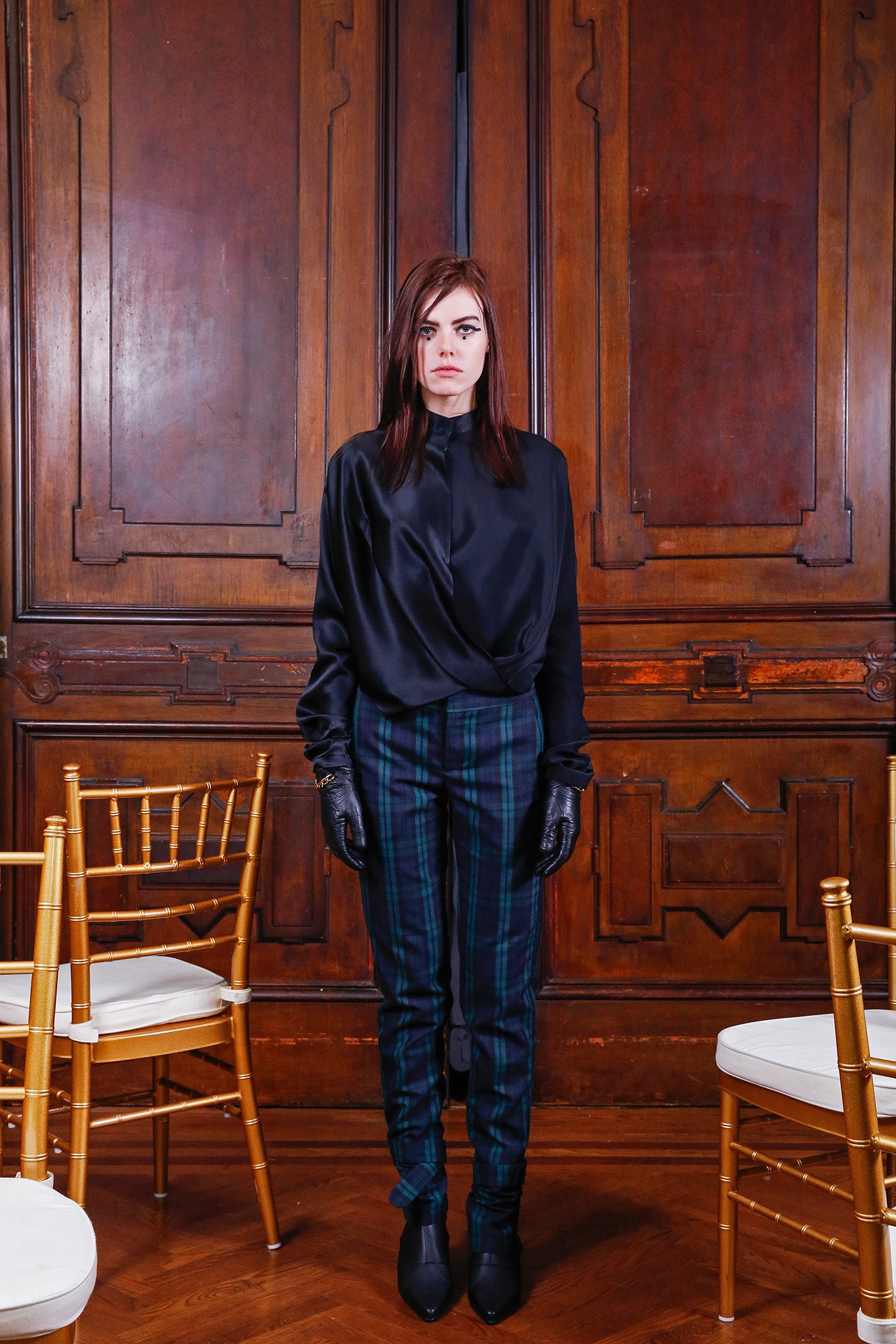 black silk blouse with plaid pants
