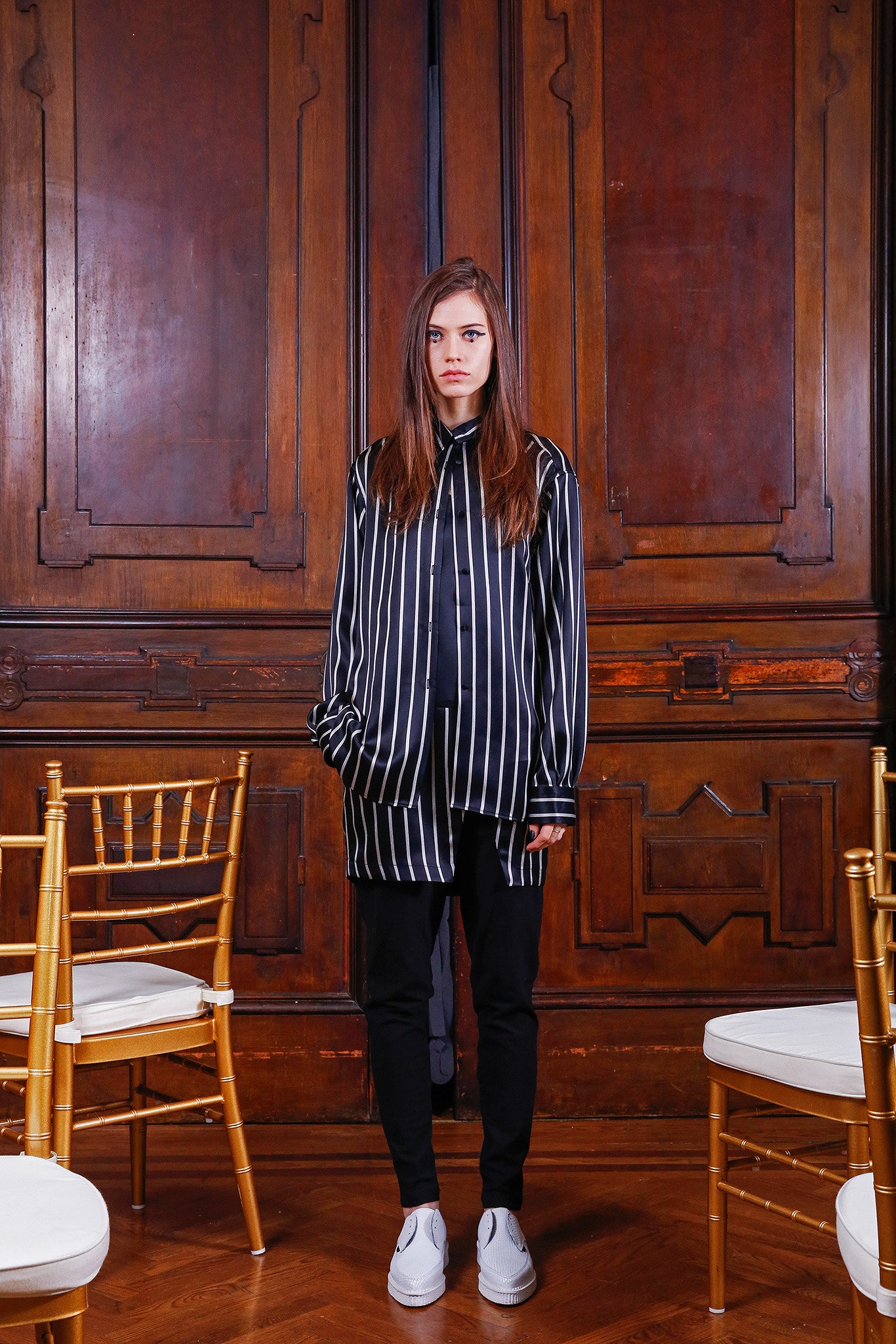 black and white striped shirt with slim pants