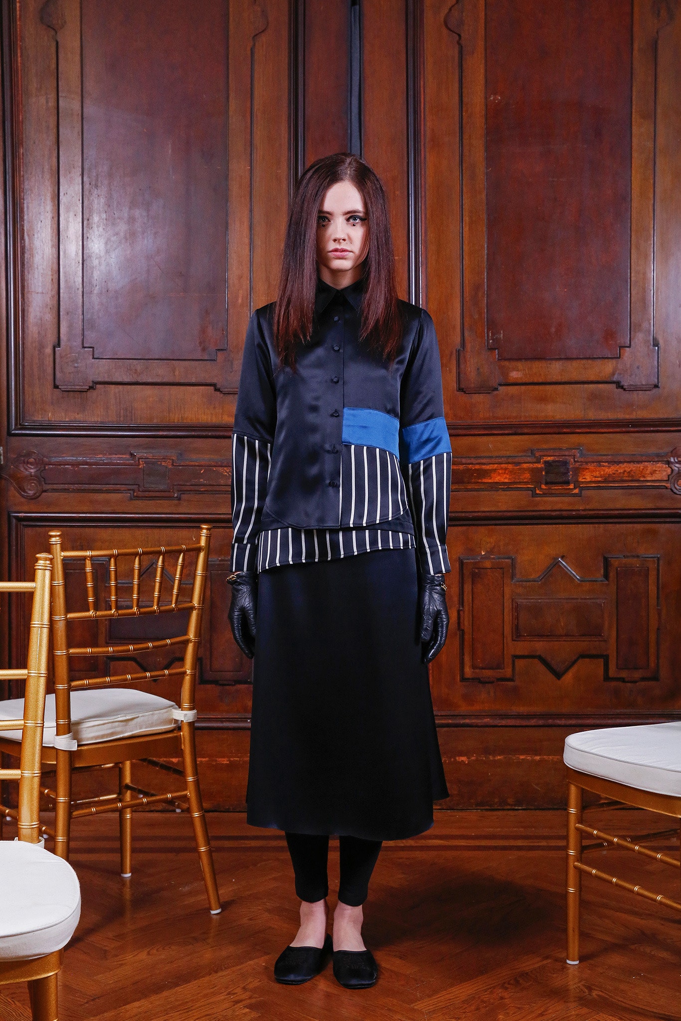black silk top and skirt