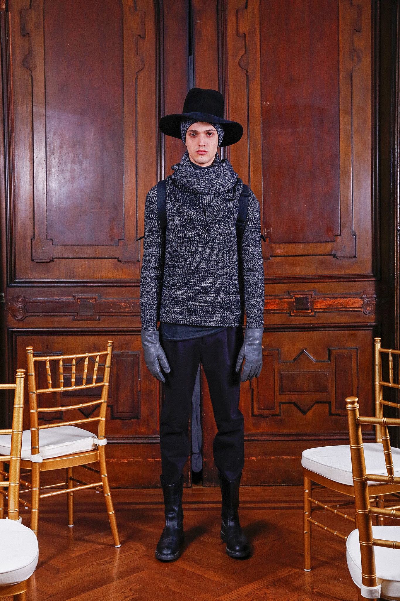 black gray wool sweater with tailored pants