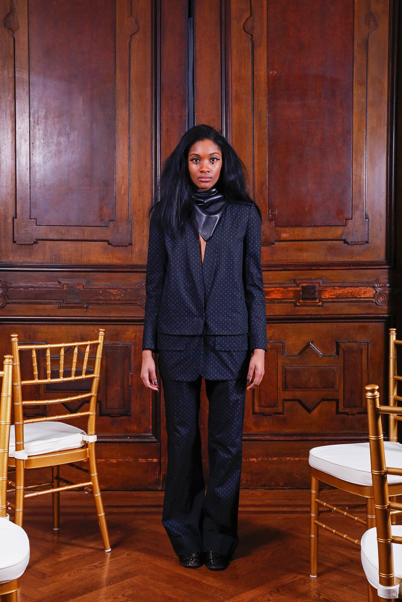 black silk tailored suit with scarf