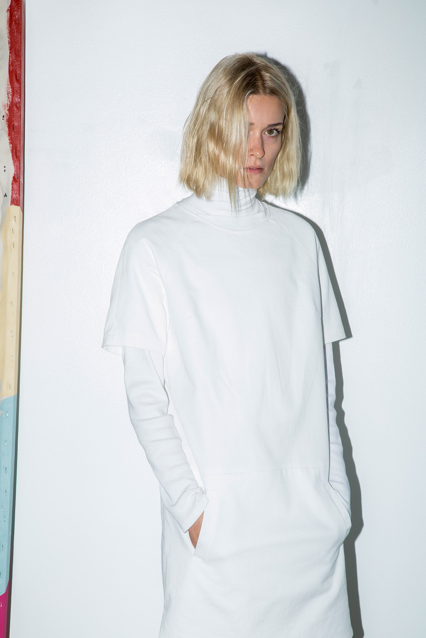 white cotton short-sleeve high-neck relaxed pockets short dress