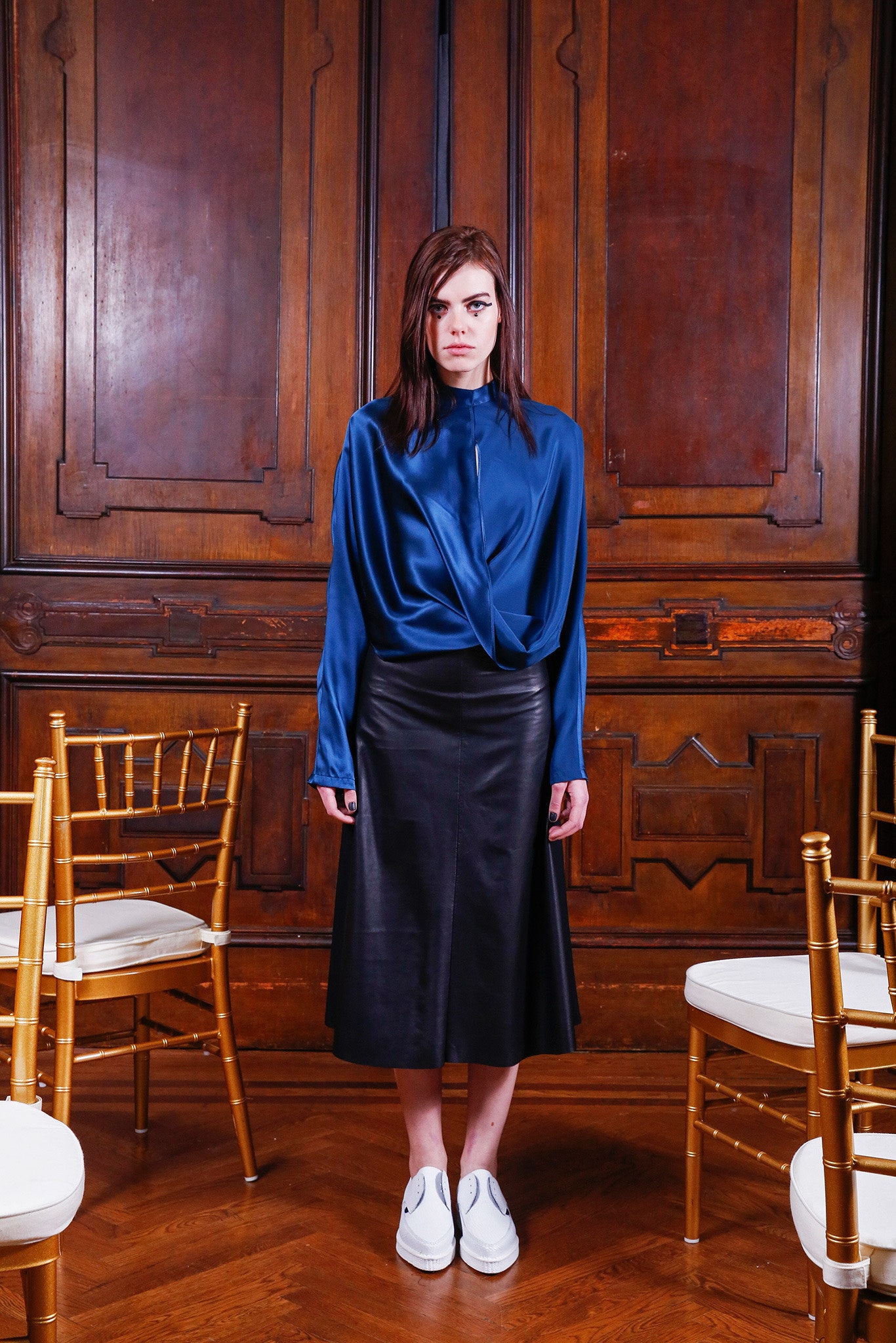 blue silk long-sleeve collared fitted draped blouse