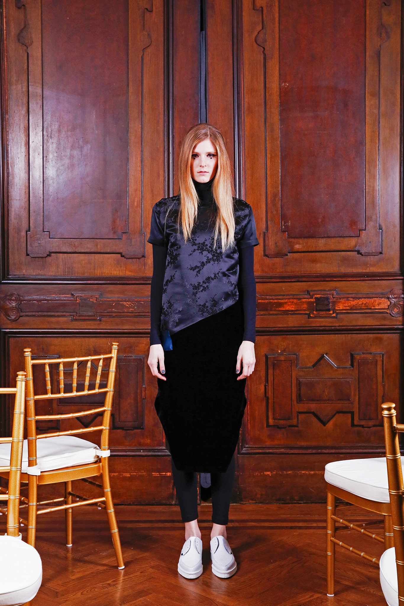 black asymmetric midi dress with slim pants