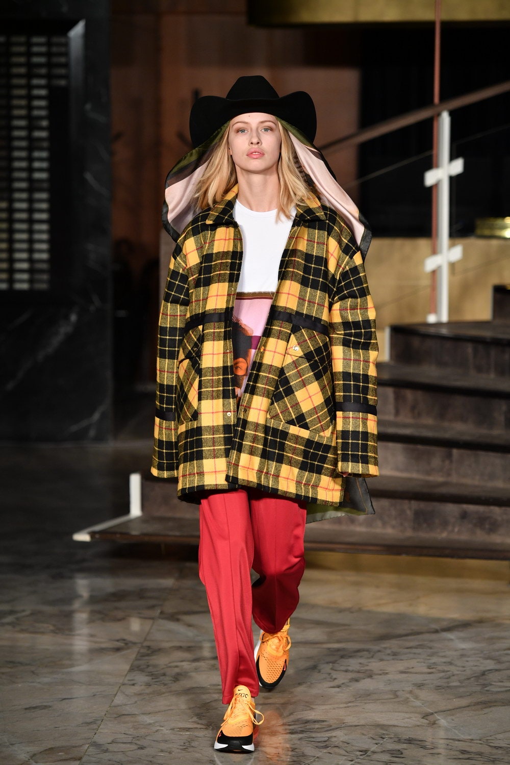 oversized checked coat with t-shirt and pants