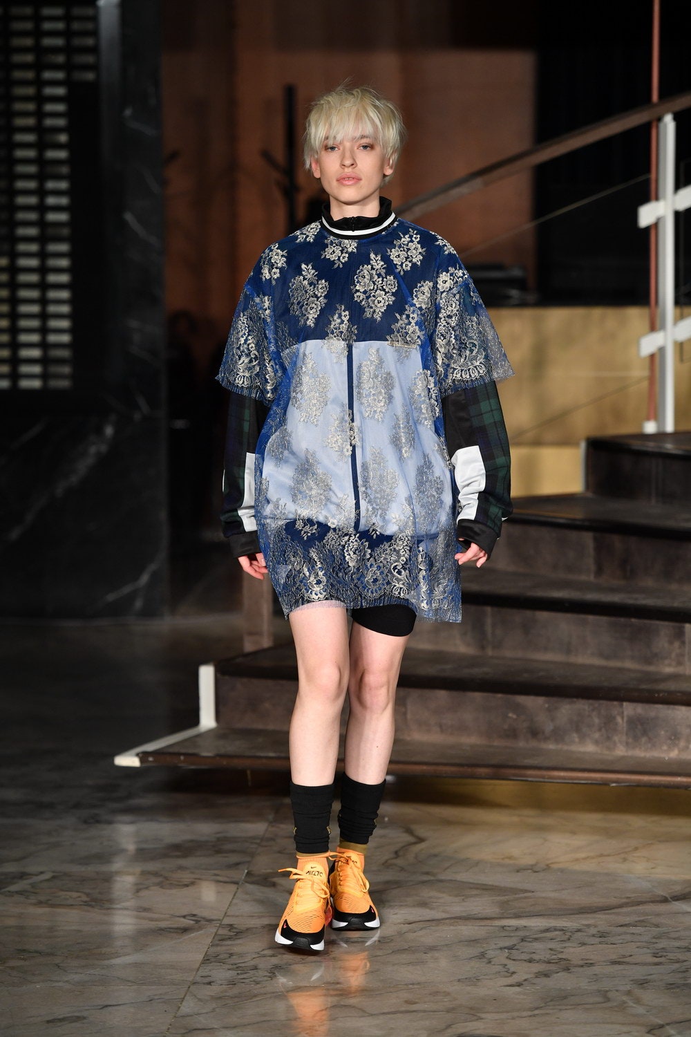 blue cotton short-sleeve collared relaxed layered printed dress