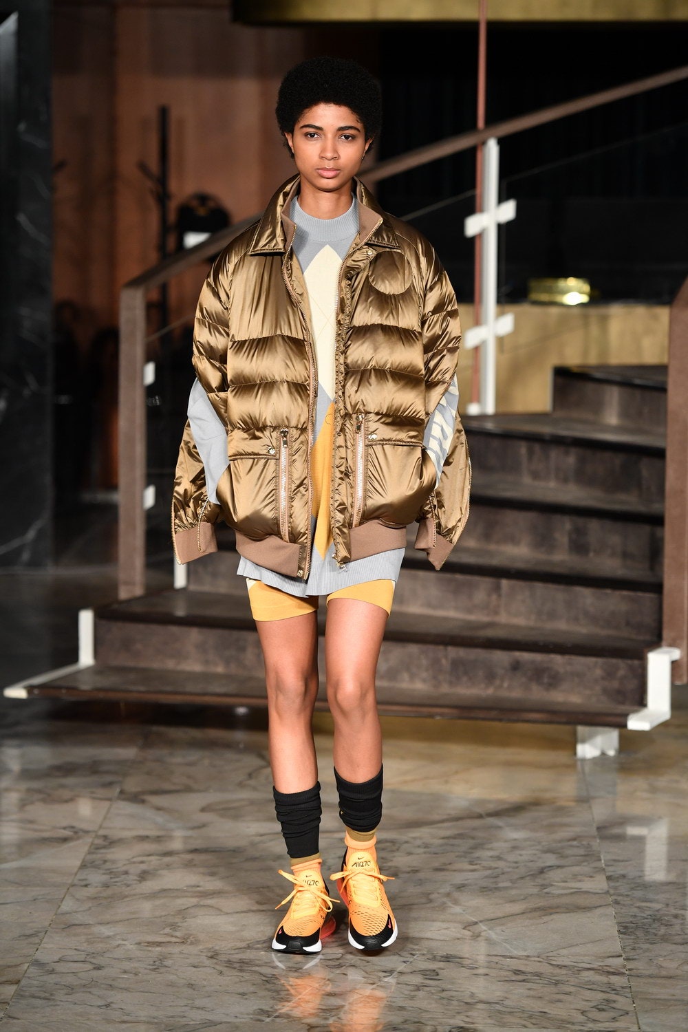 gold jersey long-sleeve collared oversized padded jacket