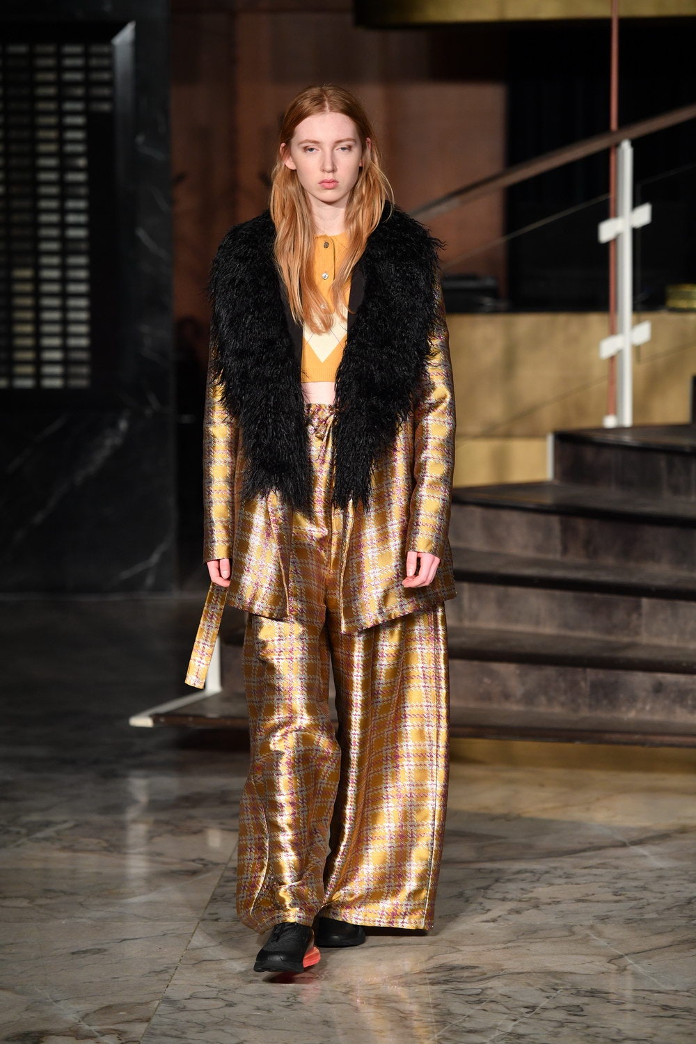 gold plaid coat with wide-leg pants