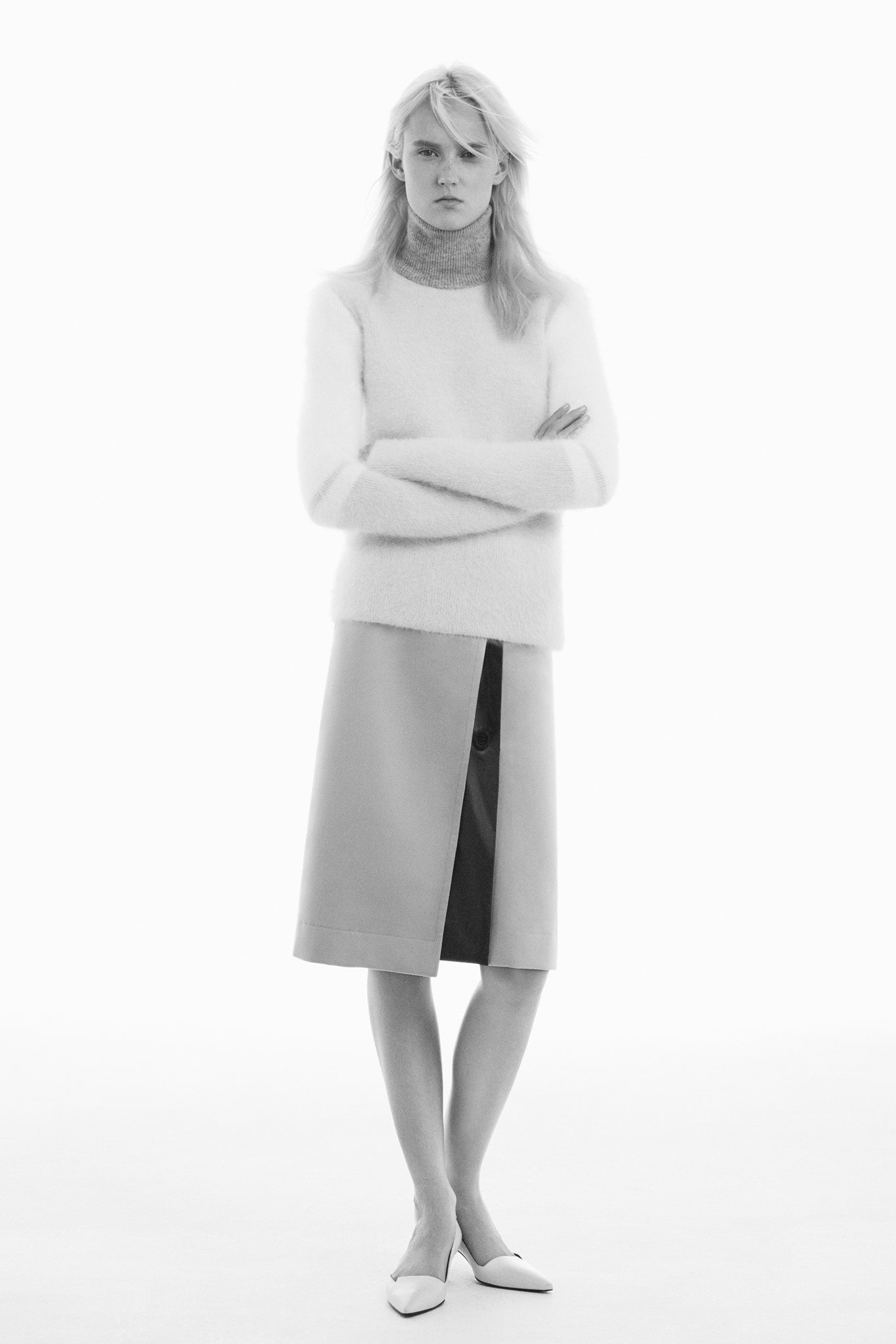 white wool sweater gray skirt