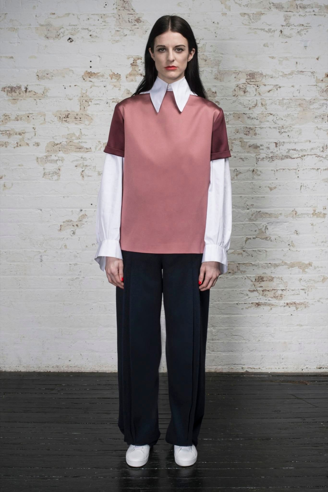 pink short-sleeve collared relaxed top