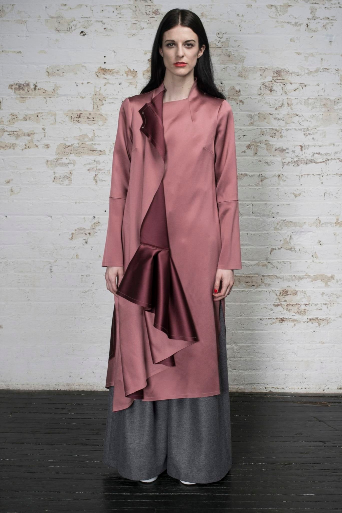 pink silk long-sleeve v-neck fitted draped midi dress