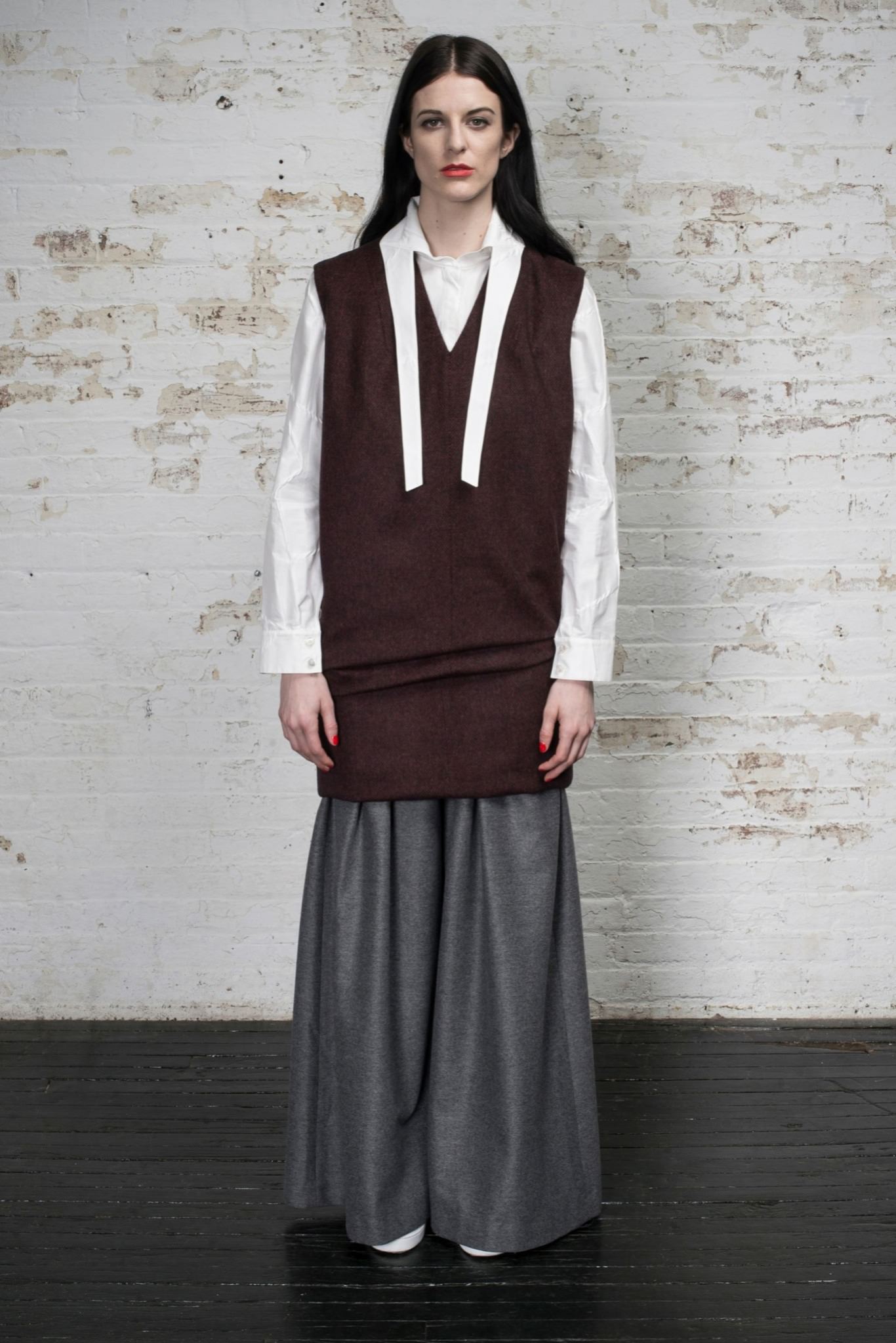 brown wool sleeveless v-neck fitted layered dress